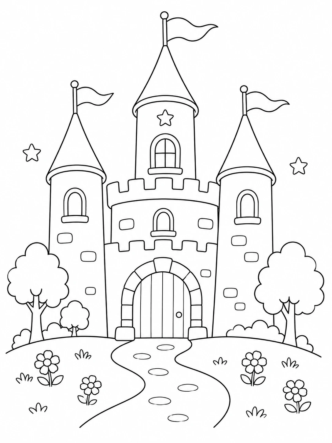 Fairy-tale castle with pointed towers, small flags and a winding garden path