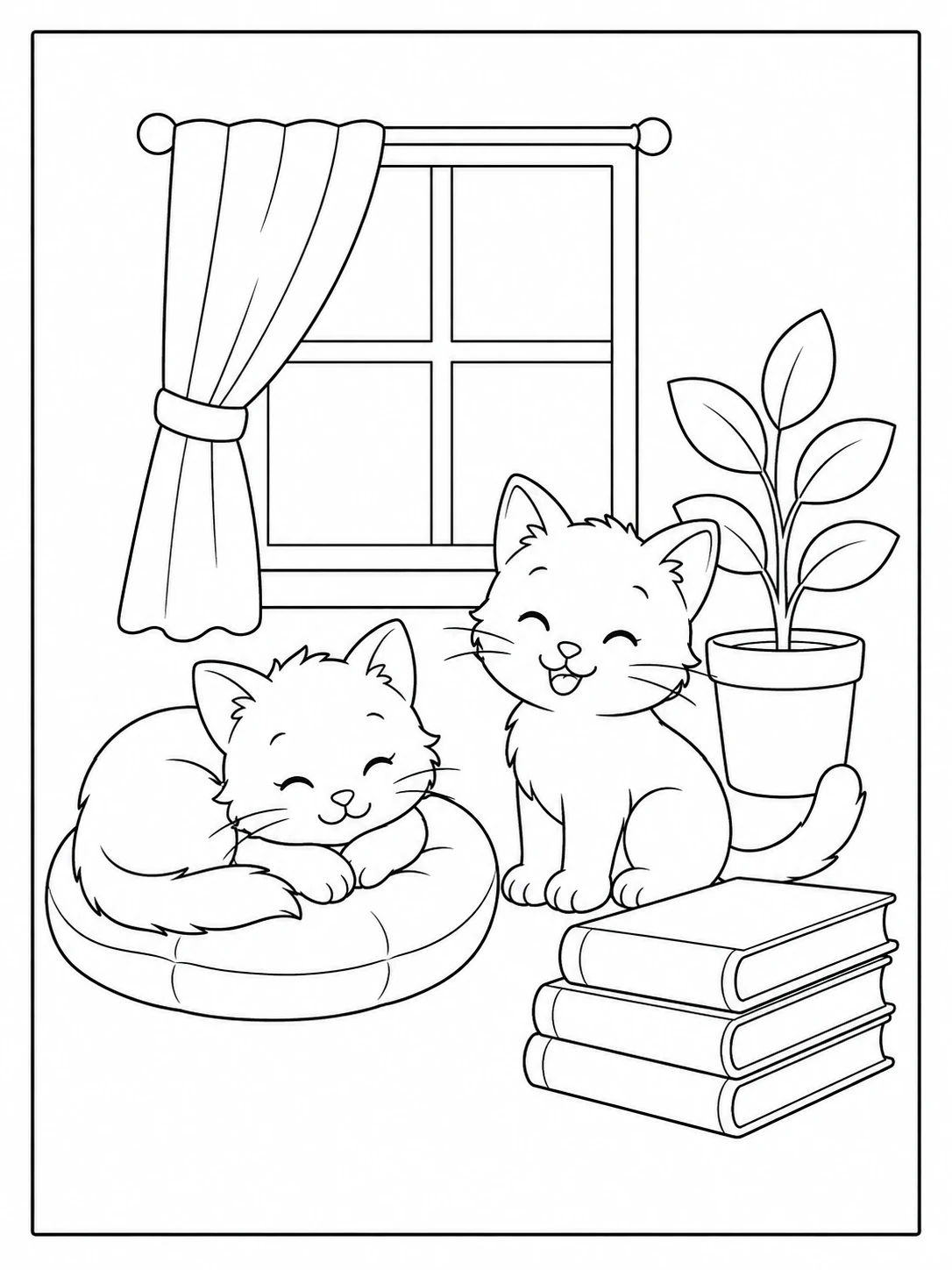 Two kittens beside books and cushions in a cozy reading corner, drawn as coloring line art