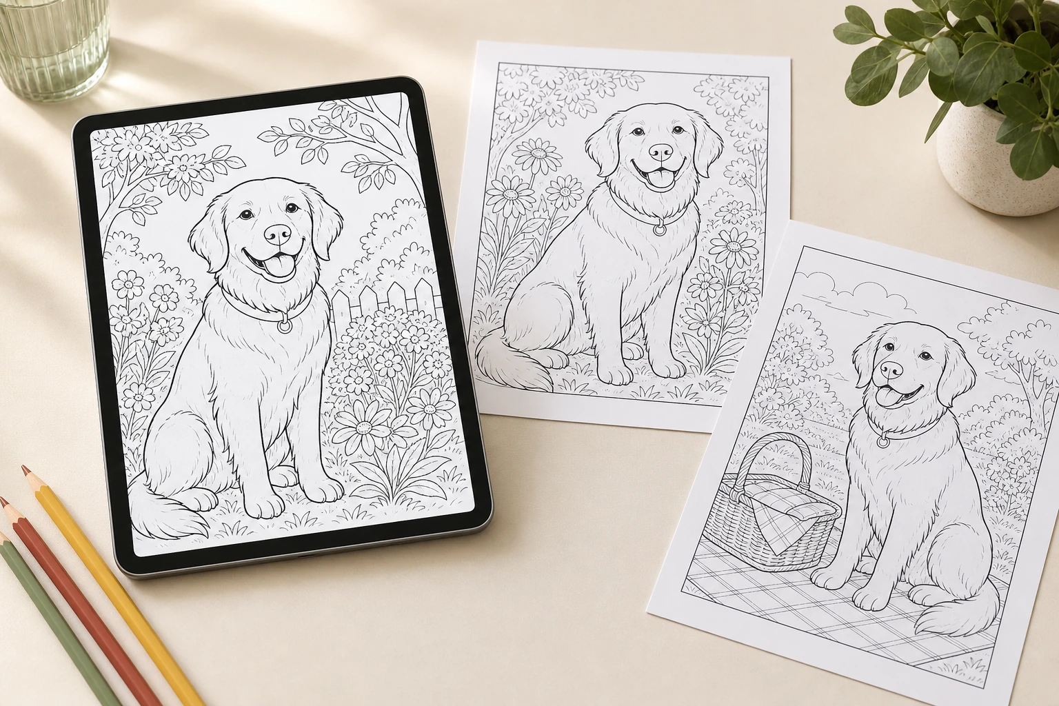 Digital coloring book concept shown on a tablet beside two printable pet coloring sheets