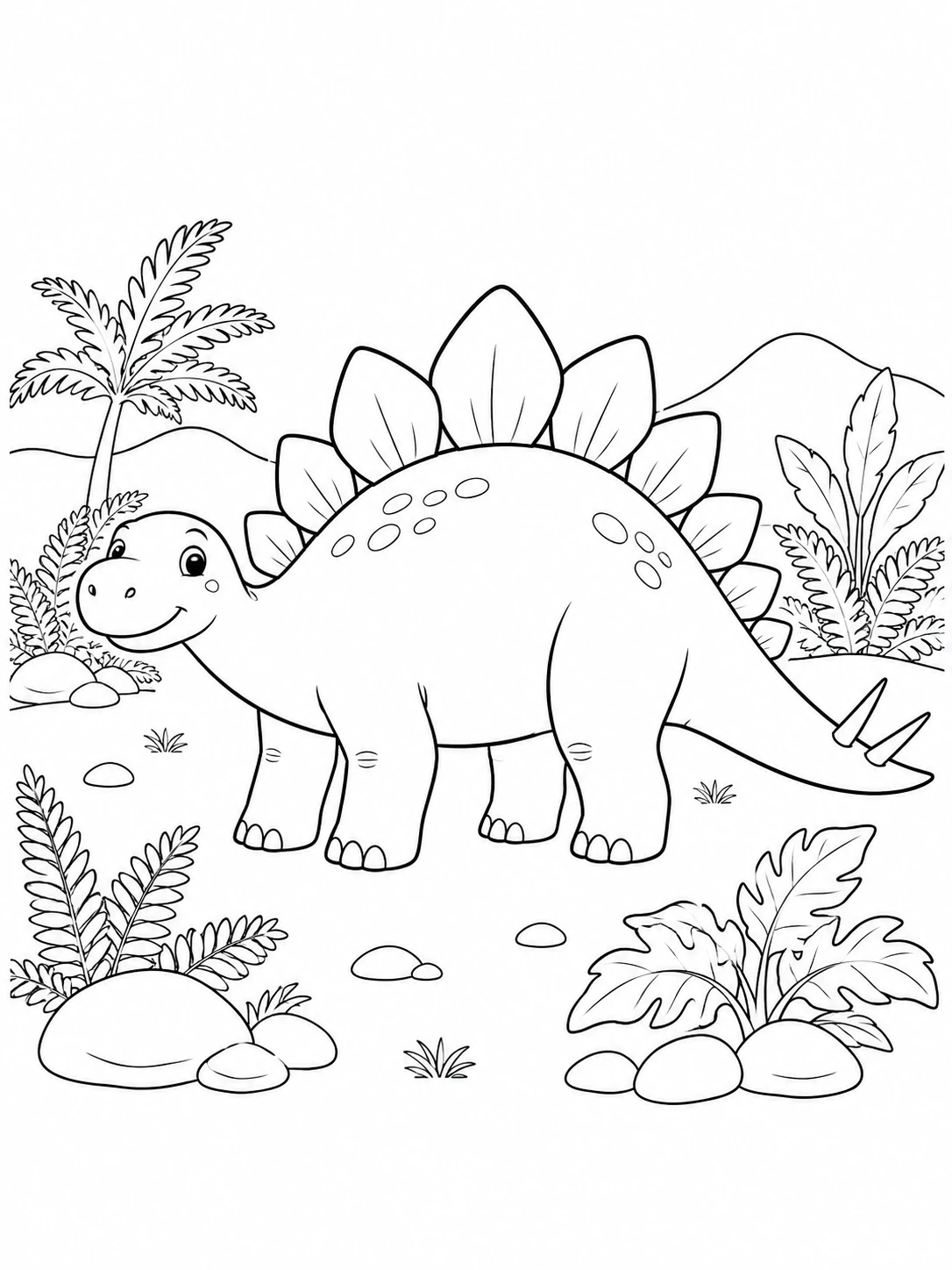 Smiling stegosaurus with broad back plates beside simple prehistoric plants