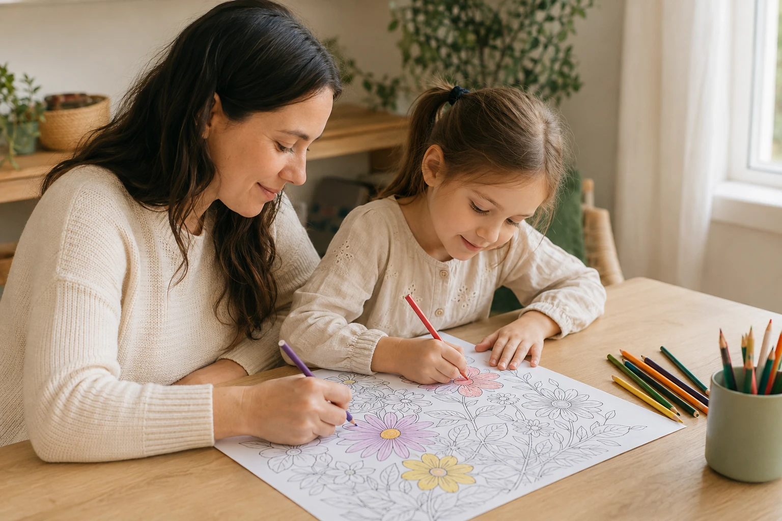 A parent and child coloring a garden picture together at a wooden table