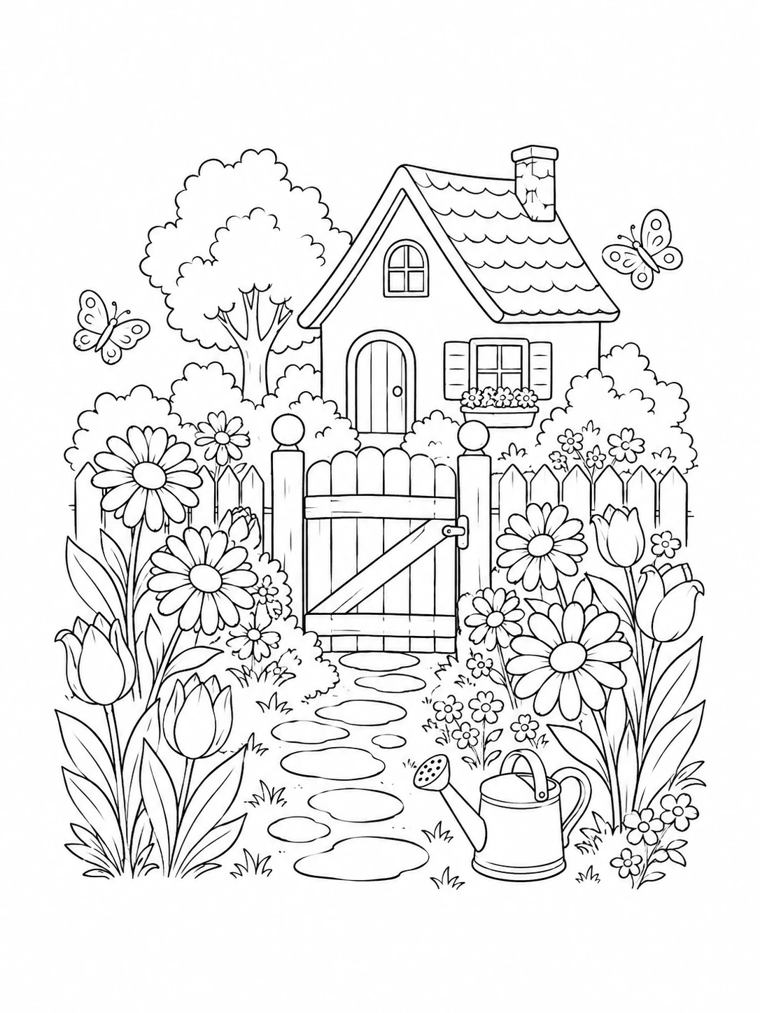 Black-and-white coloring illustration of a cottage garden with flowers and butterflies