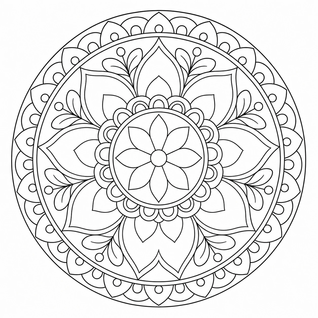 Symmetrical floral mandala with petals and leaves in black-and-white line art