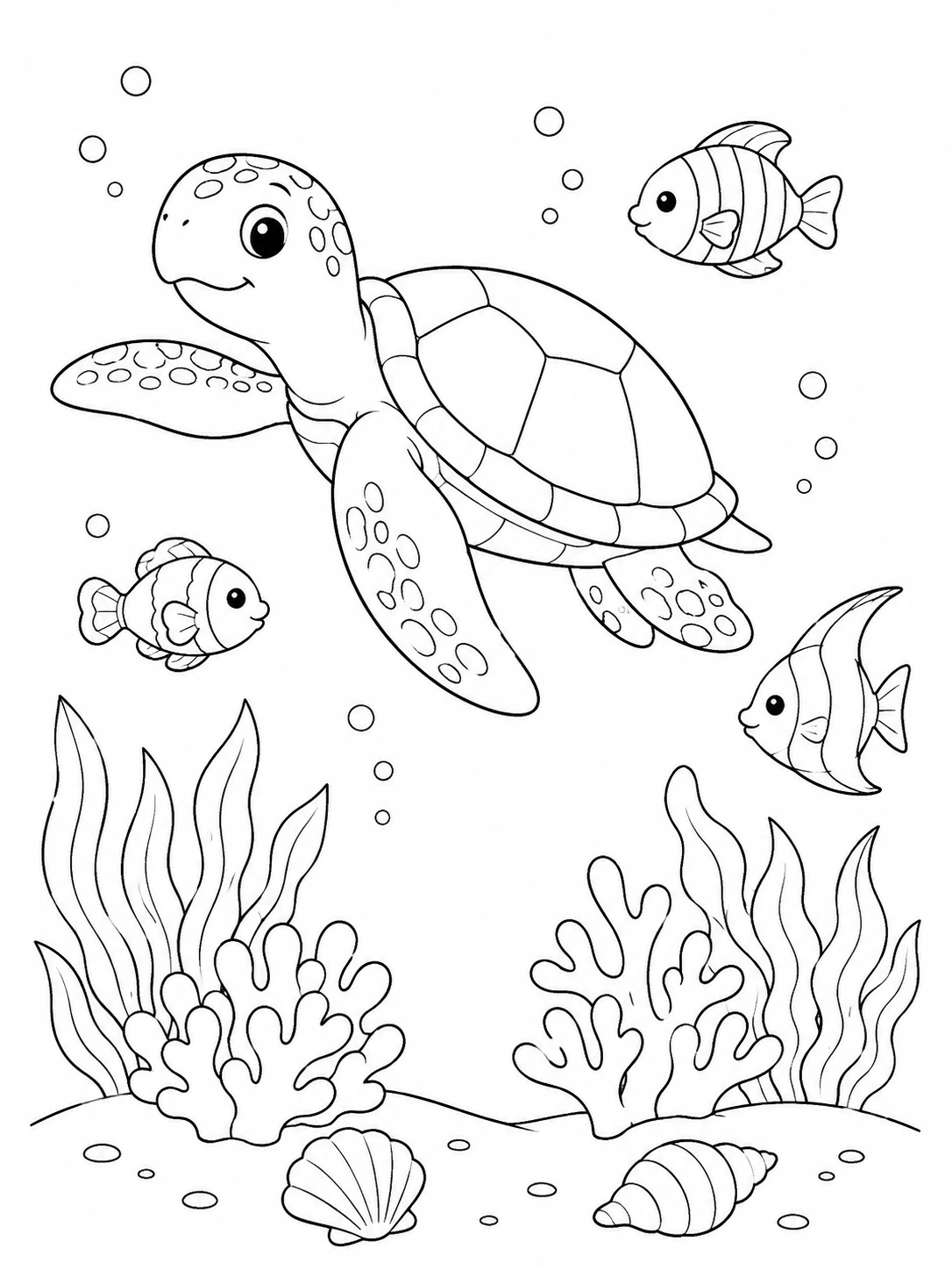 Underwater coloring scene with a sea turtle, fish, coral and sea plants