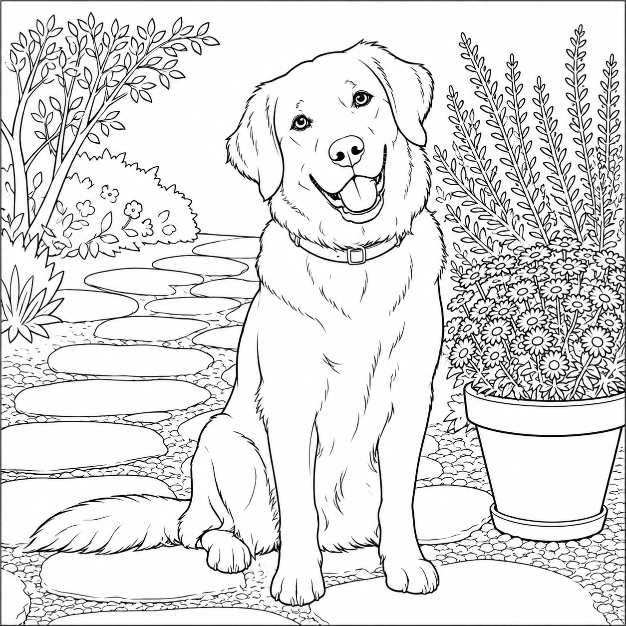 Coloring-line-art version of the golden retriever and potted daisies example