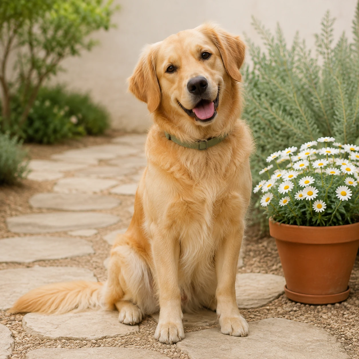 Golden retriever sitting beside a flower pot in a sunlit garden