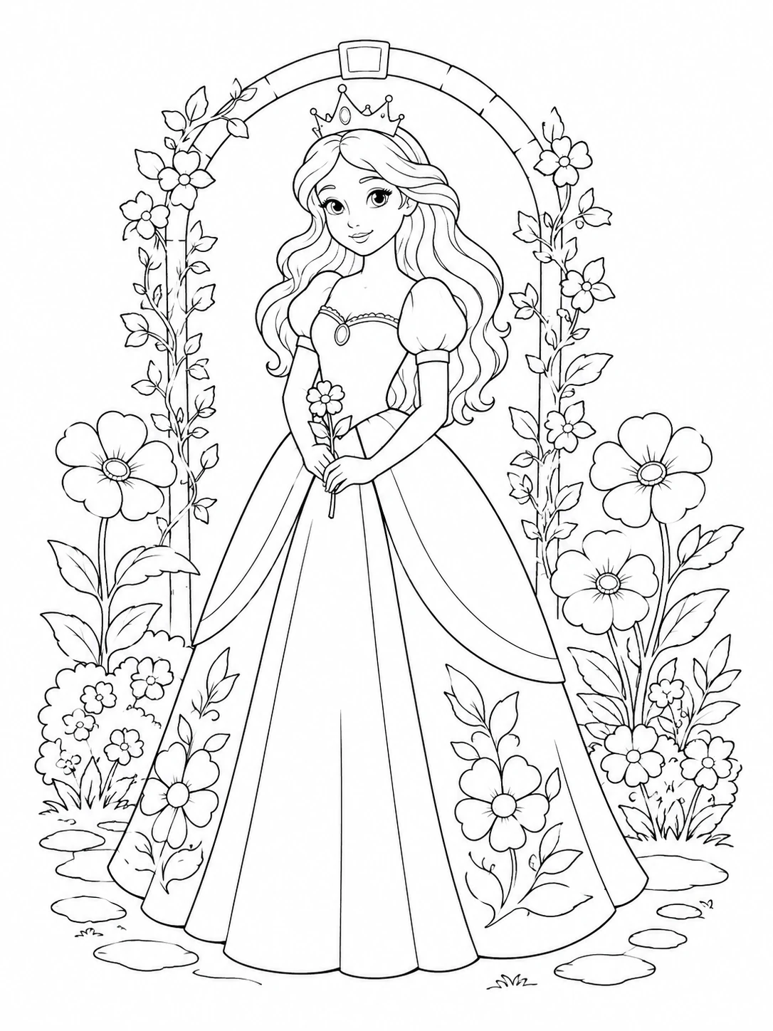 Original fairy-tale princess wearing a crown and a flowing dress in a flower garden