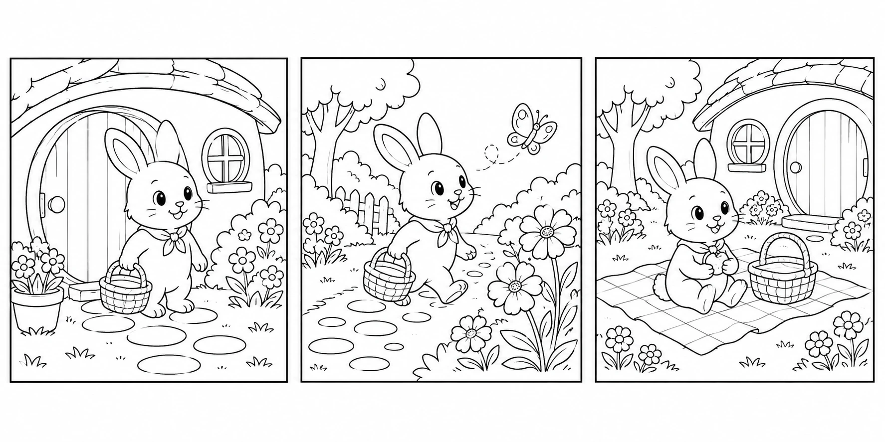 Three coloring scenes showing a rabbit leaving home, following a butterfly and returning for a picnic