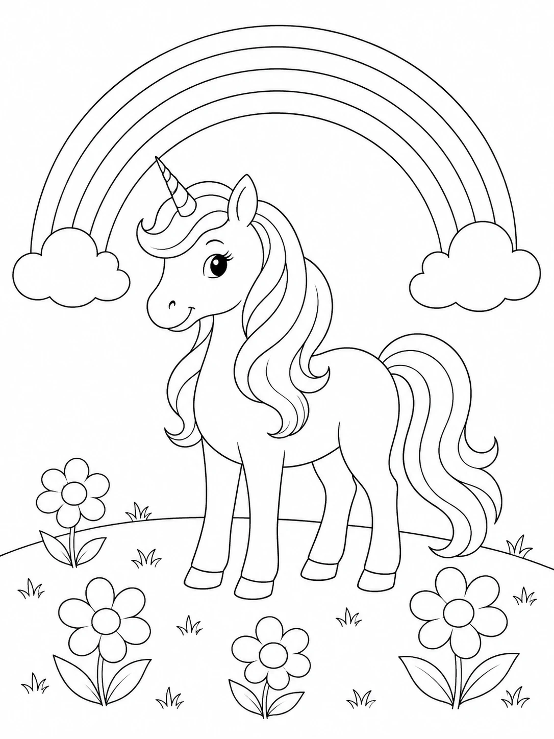Friendly unicorn with a flowing mane beneath an outlined rainbow and clouds