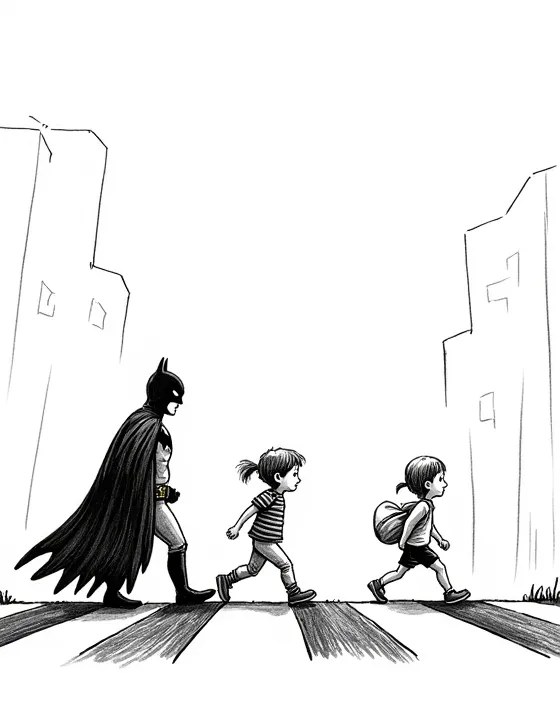 Batman helping children cross the street safely