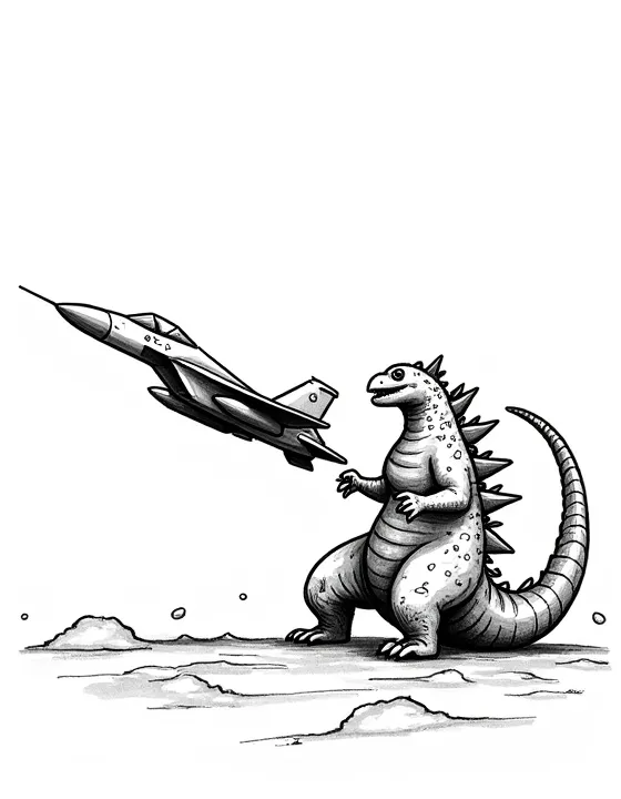 Godzilla battling a jet fighter