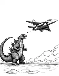 Godzilla battling a jet fighter