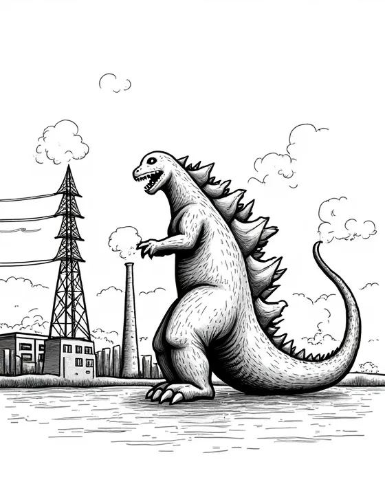 Godzilla destroying a power plant