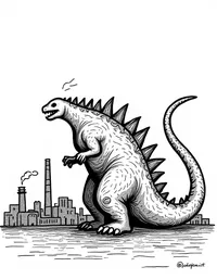 Godzilla destroying a power plant