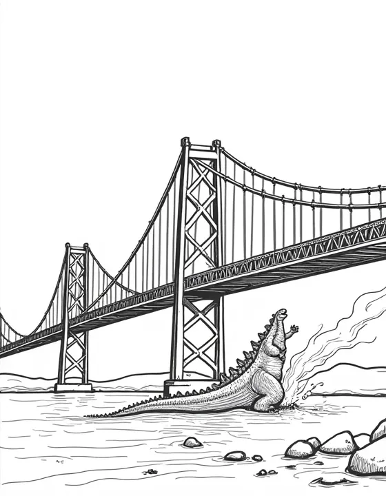 Godzilla destroys a suspension bridge