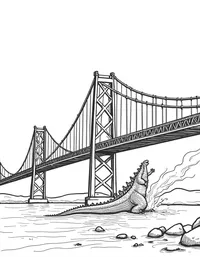 Godzilla destroys a suspension bridge coloring pages