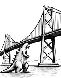 Godzilla destroys a suspension bridge