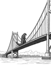 Godzilla destroys a suspension bridge