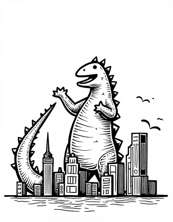 Godzilla knocking over skyscrapers