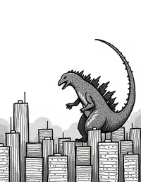 Godzilla knocking over skyscrapers