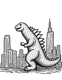 Godzilla knocking over skyscrapers