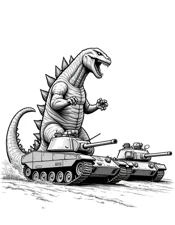 Godzilla roaring at military tanks