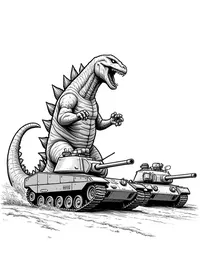 Godzilla roaring at military tanks coloring pages