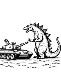 Godzilla roaring at military tanks