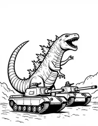 Godzilla roaring at military tanks