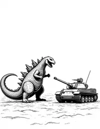 Godzilla roaring at military tanks