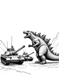 Godzilla roaring at military tanks