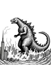 Godzilla stomping through a burning city