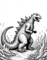 Godzilla stomping through a burning city