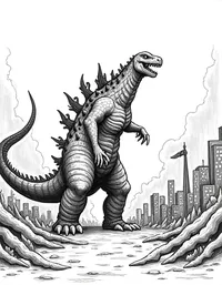 Godzilla stomping through a burning city