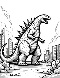 Godzilla stomping through a burning city