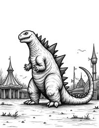 Godzilla stomps across an abandoned amusement park coloring pages