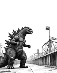 Godzilla stomps across an abandoned amusement park