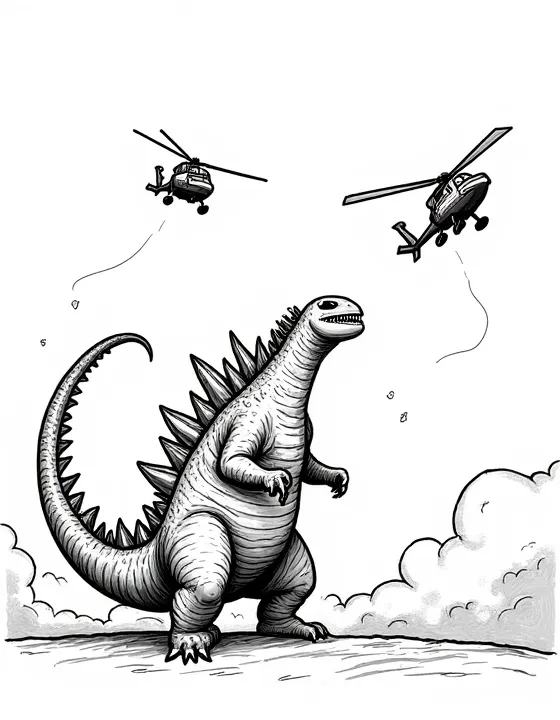Godzilla swats helicopters out of the sky