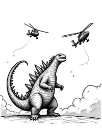 Godzilla swats helicopters out of the sky coloring pages