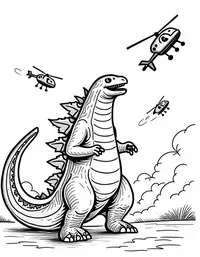 Godzilla swats helicopters out of the sky