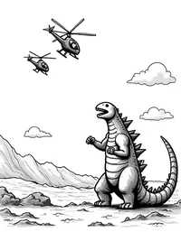 Godzilla swats helicopters out of the sky