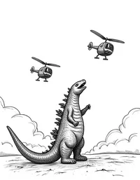 Godzilla swats helicopters out of the sky