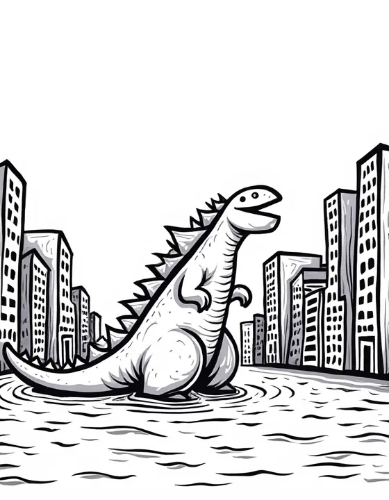 Godzilla wades through a flooded city