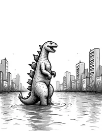 Godzilla wades through a flooded city