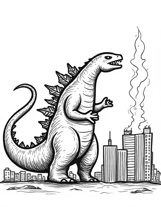 Godzilla's fiery breath incinerates buildings