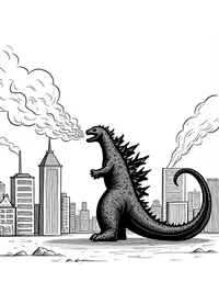 Godzilla's fiery breath incinerates buildings