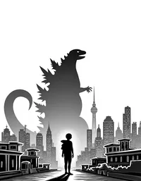 Godzilla's shadow looms over Tokyo coloring pages