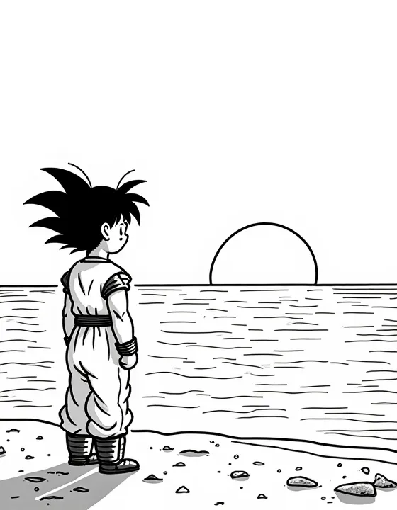 Goku admiring a sunset over a serene beach