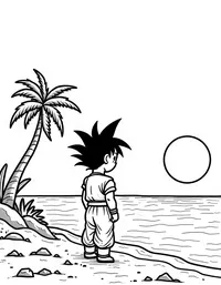 Goku admiring a sunset over a serene beach