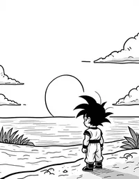 Goku admiring a sunset over a serene beach